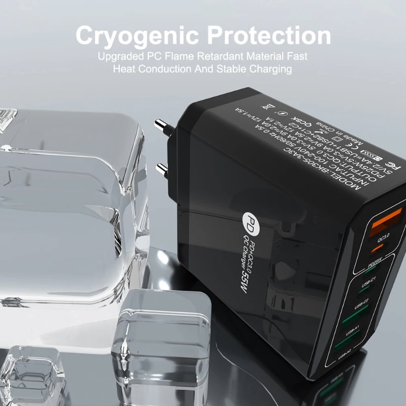 Φορτιστής Γρήγορης Φόρτισης 55W – Υποστήριξη PD | Συμβατός με Type-C, USB & Micro USB