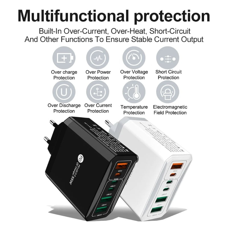 Φορτιστής Γρήγορης Φόρτισης 55W – Υποστήριξη PD | Συμβατός με Type-C, USB & Micro USB