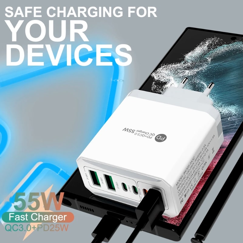 Φορτιστής Γρήγορης Φόρτισης 55W – Υποστήριξη PD | Συμβατός με Type-C, USB & Micro USB