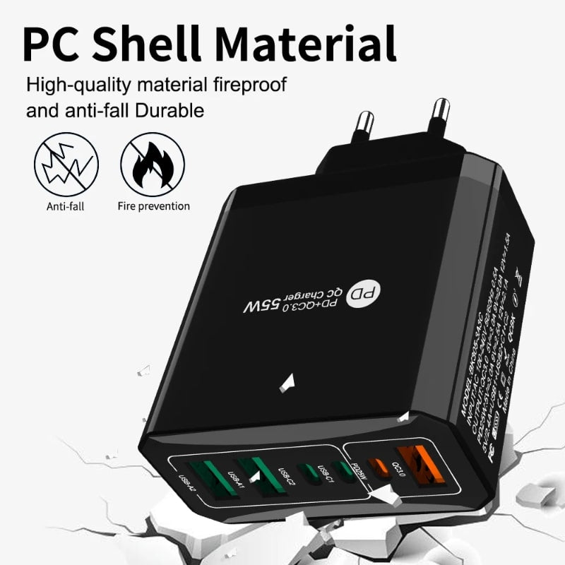 Φορτιστής Γρήγορης Φόρτισης 55W – Υποστήριξη PD | Συμβατός με Type-C, USB & Micro USB