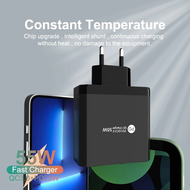 Φορτιστής Γρήγορης Φόρτισης 55W – Υποστήριξη PD | Συμβατός με Type-C, USB & Micro USB