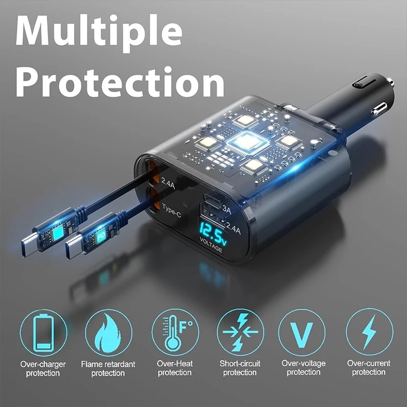 Φορτιστής Αυτοκινήτου με Ανασυρόμενα Καλώδια και Γρήγορη Φόρτιση