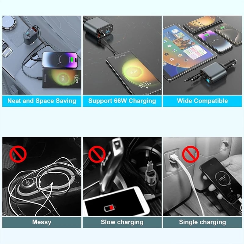 Φορτιστής Αυτοκινήτου με Ανασυρόμενα Καλώδια και Γρήγορη Φόρτιση