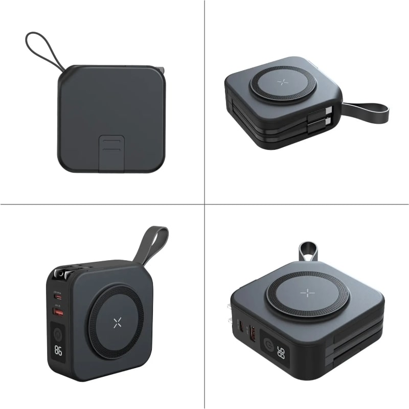 Power Bank 10000mAh -Φορητός Πολυφορτιστής Ταξιδίου 6 σε 1 – Ασύρματη Μαγνητική Φόρτιση, Ενσωματωμένα Καλώδια & Πρίζα Τοίχου AC