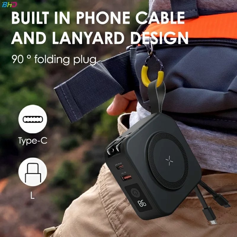 Power Bank 10000mAh -Φορητός Πολυφορτιστής Ταξιδίου 6 σε 1 – Ασύρματη Μαγνητική Φόρτιση, Ενσωματωμένα Καλώδια & Πρίζα Τοίχου AC