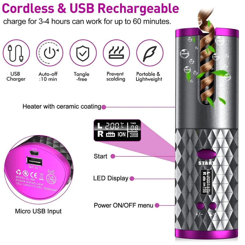 Ασύρματη Αυτόματη Συσκευή για Μπούκλες με Κεραμική Επίστρωση – Επαναφορτιζόμενη & Φορητή