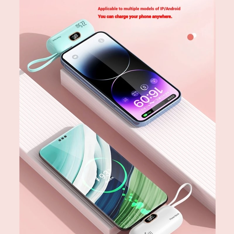 Fast Charge 22.5w Mini Power Bank 5000mAh –  Compact Μέγεθος & Ενσωματωμένο Καλώδιο | iPhone & Type-C