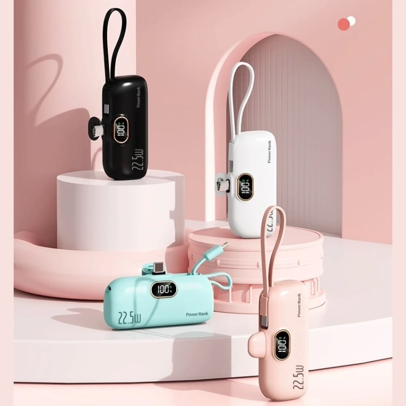 Fast Charge 22.5w Mini Power Bank 5000mAh –  Compact Μέγεθος & Ενσωματωμένο Καλώδιο | iPhone & Type-C