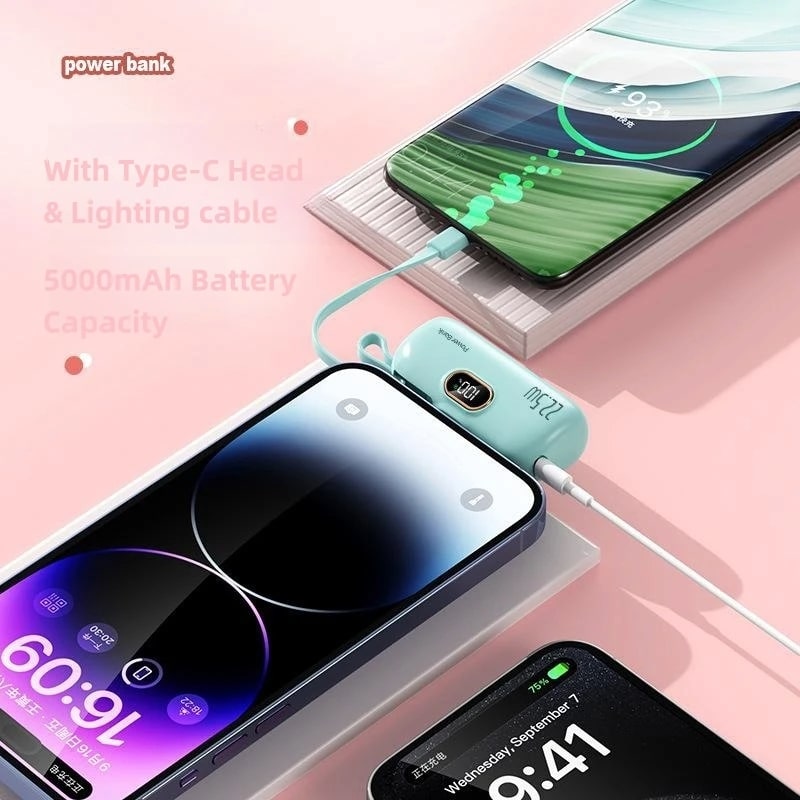 Fast Charge 22.5w Mini Power Bank 5000mAh –  Compact Μέγεθος & Ενσωματωμένο Καλώδιο | iPhone & Type-C