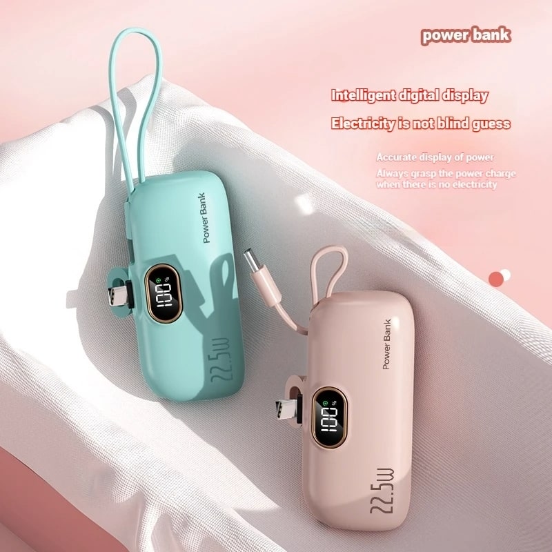 Fast Charge 22.5w Mini Power Bank 5000mAh –  Compact Μέγεθος & Ενσωματωμένο Καλώδιο | iPhone & Type-C